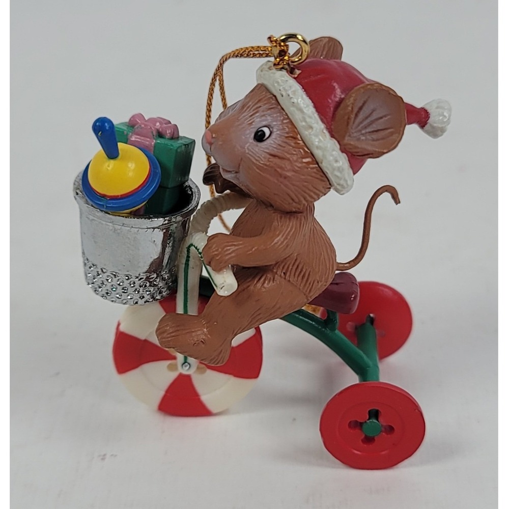 Vintage 1993 Lustre Fame Mouse on Tricycle Christmas Ornament Thimble Basket